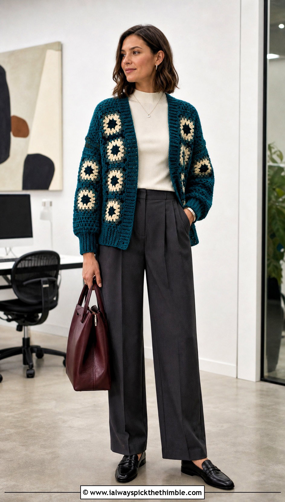 Oversized Granny Square Cardigan With Tailored Trousers - 15 Granny Square Cardigan Sweaters & Cardigans outfit ideas