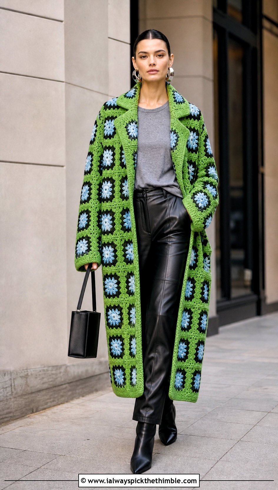 Oversized Granny Square Coat With Leather Pants - 20 granny square coat outfit ideas