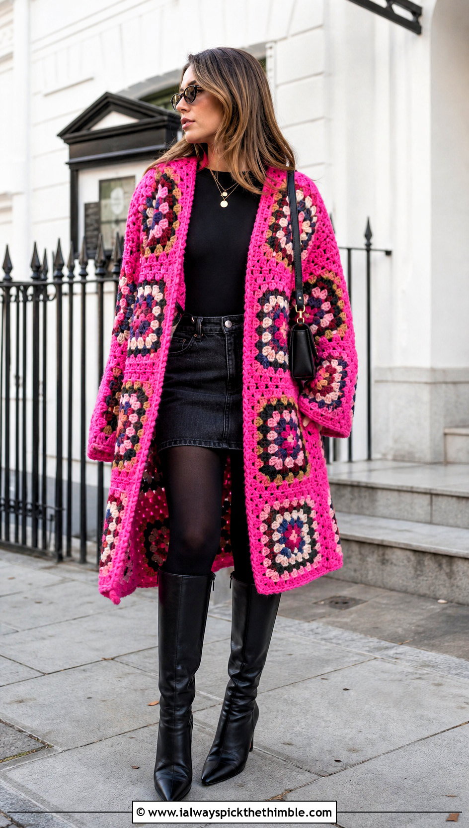 Oversized Granny Square Coat With Mini Skirt And Boots - 20 crochet granny square coat outfit ideas