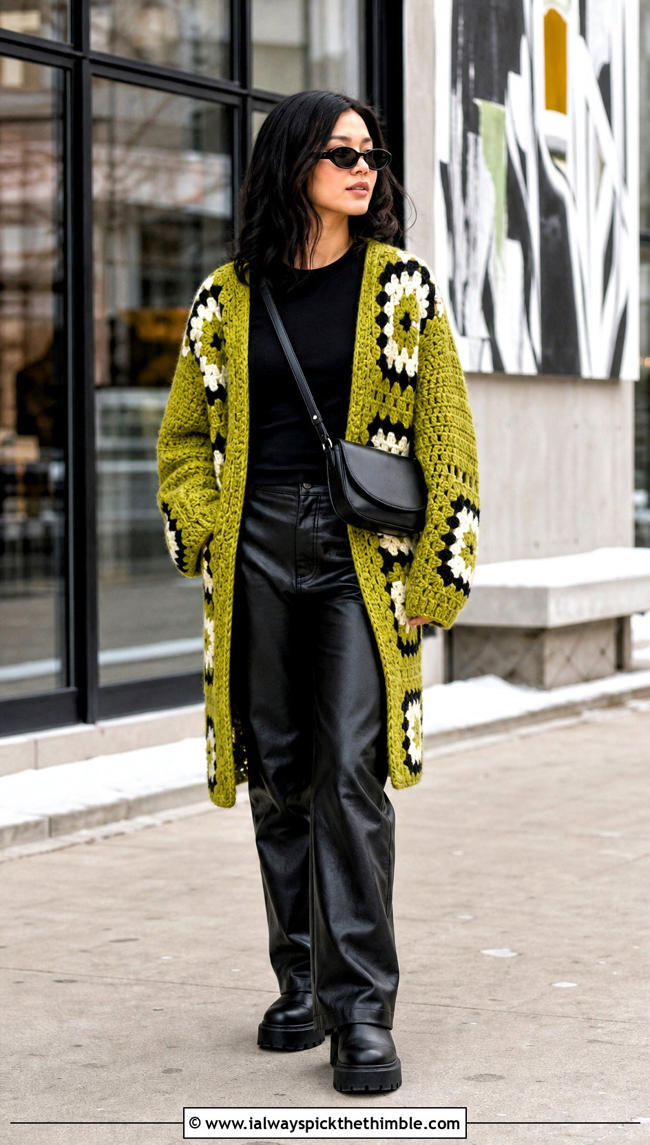 Oversized Granny Square Crochet Cardigan With Leather Pants - 20 crochet winter cardigan outfit ideas