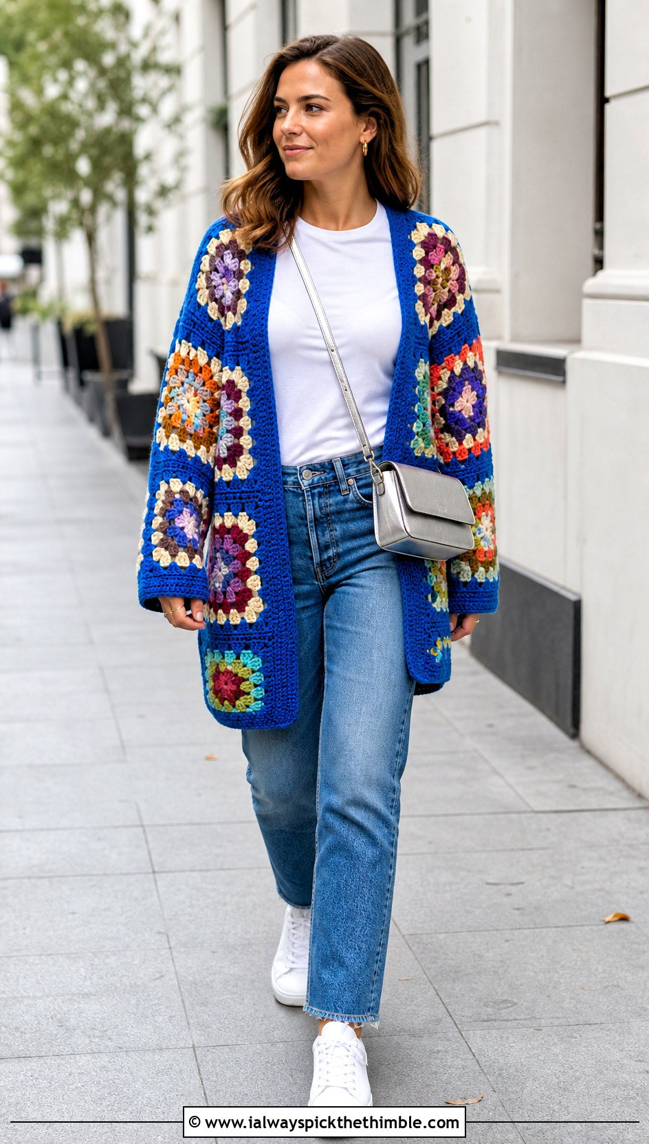 Oversized Granny Square Crochet Cardigan With Straight Leg Jeans - 25 oversized crochet cardigan outfit ideas