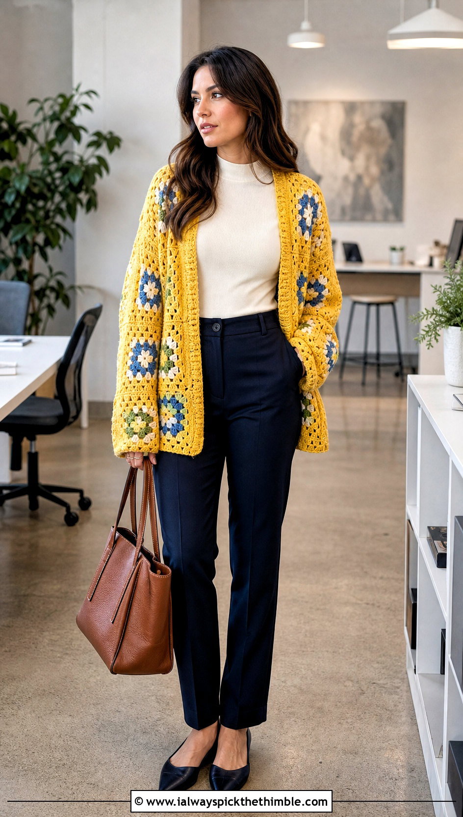 Oversized Granny Square Crochet Cardigan With Tailored Trousers - 20 oversized chunky crochet cardigan outfit ideas