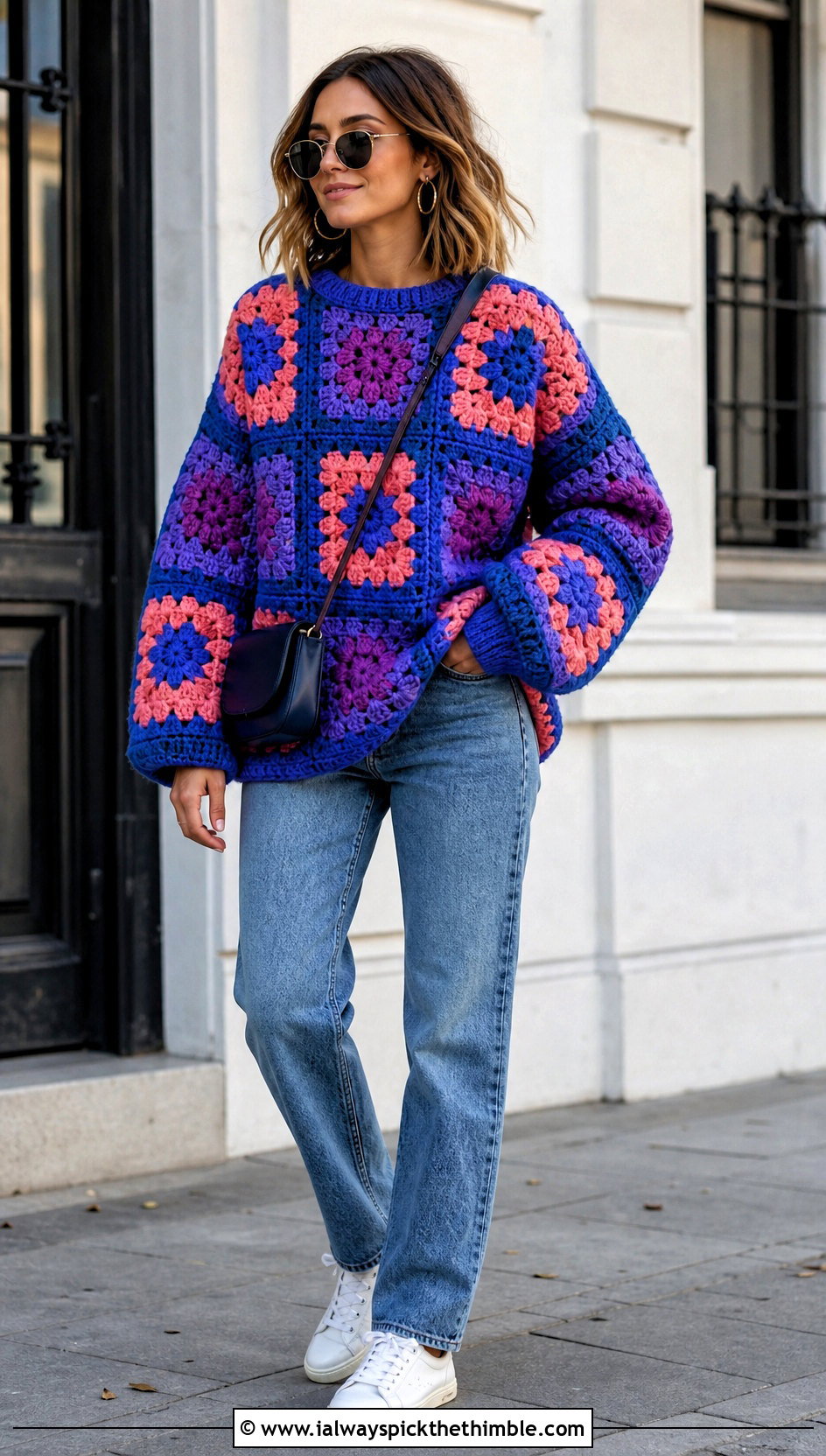 Oversized Granny Square Crochet Couch Sweater With Straight Leg Jeans - 15 Crochet Couch Sweater outfit ideas