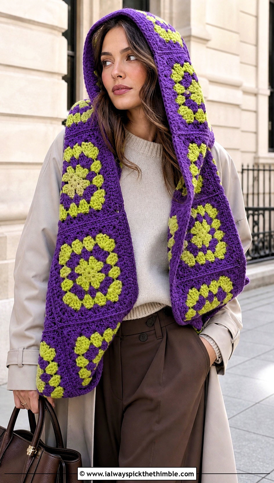 Oversized Granny Square Crochet Hooded Scarf With Trench Coat - 20 Granny Square Crochet Hooded Scarf outfit ideas