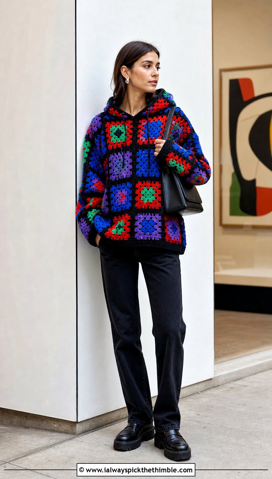 Oversized Granny Square Crochet Hoodie With Black Jeans - 20 oversized crochet hoodie outfit ideas