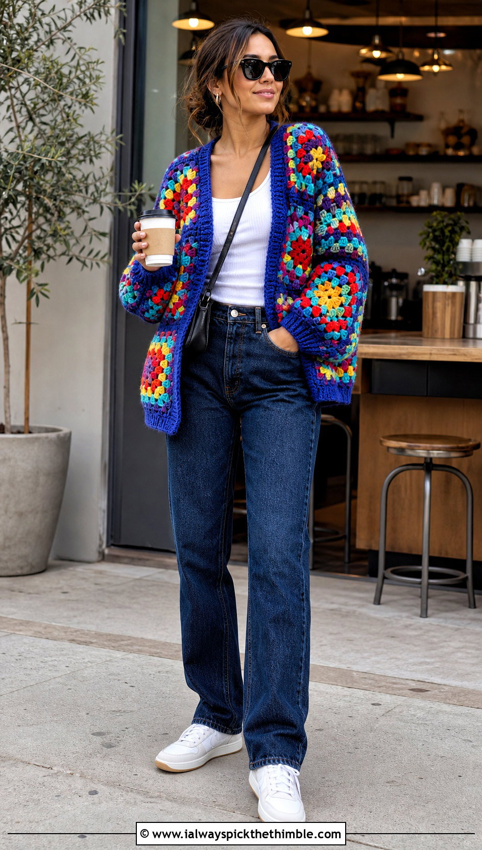 Oversized Granny Square Crochet Jumper With Straight Leg Jeans - 25 easy crochet jumper outfit ideas