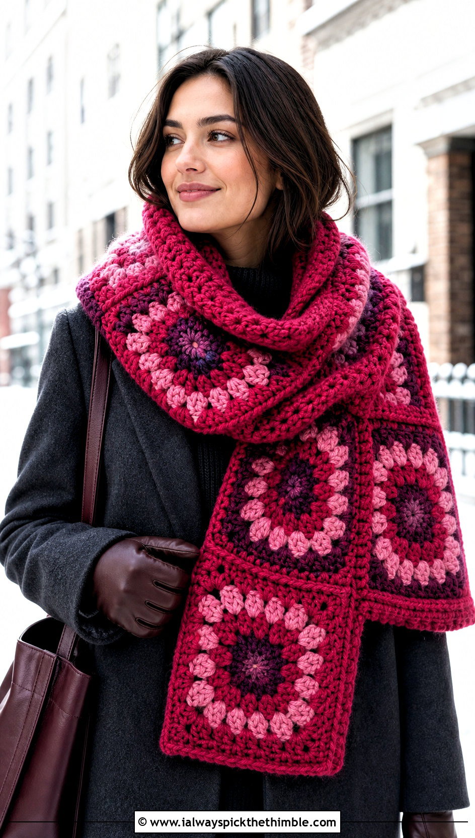 Oversized Granny Square Crochet Scarf With Wool Coat - 25 granny square crochet scarf outfit ideas