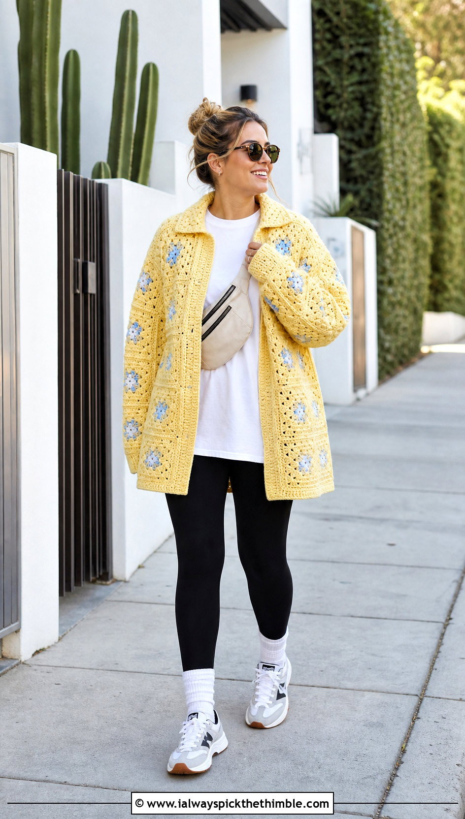 Oversized Granny Square Crochet Shacket With Leggings - 25 crochet jacket outfit ideas