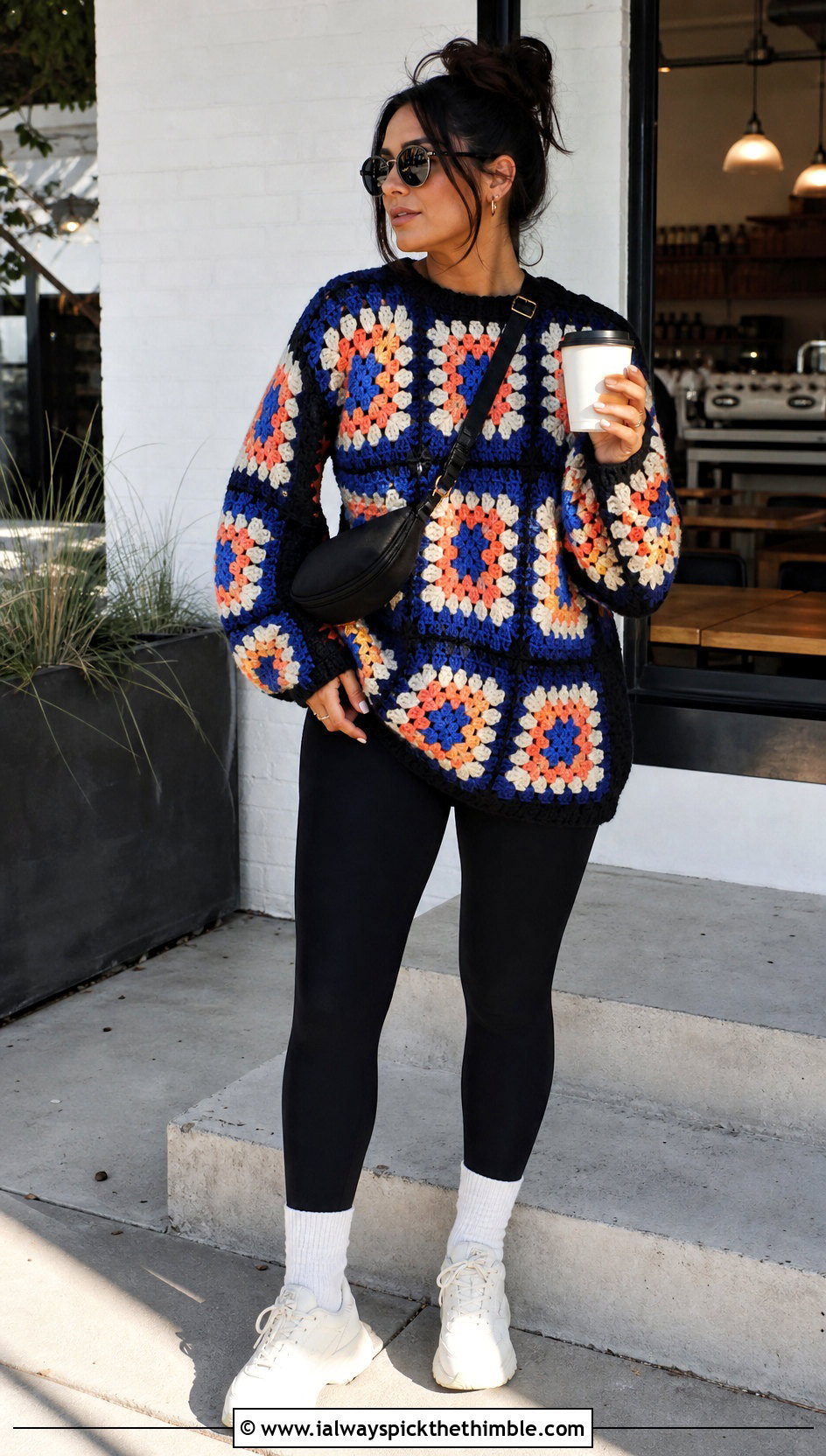 Oversized Granny Square Crochet Sweater With Black Leggings - 25 easy crochet sweater outfit ideas