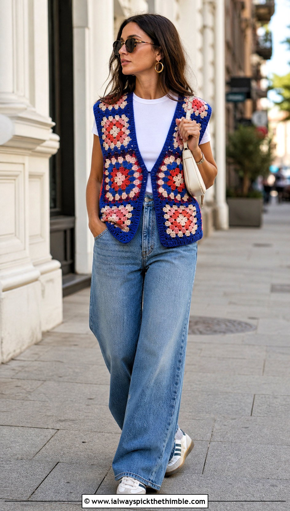 Oversized Granny Square Crochet Vest With Wide Leg Jeans - 20 oversize crochet vest outfit ideas