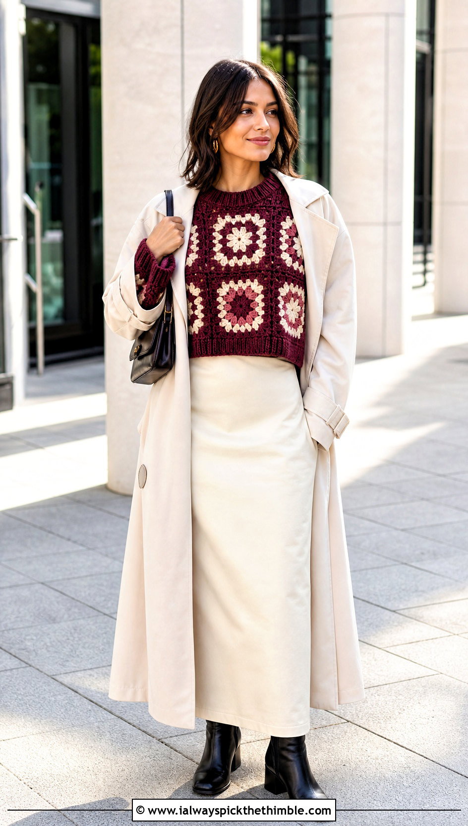 Oversized Granny Square Crop Top With Column Skirt And Boots - 20 granny square crochet crop top outfit ideas