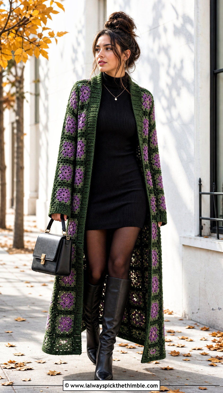 Oversized Granny Square Duster With Sweater Dress - 25 granny square duster outfit ideas