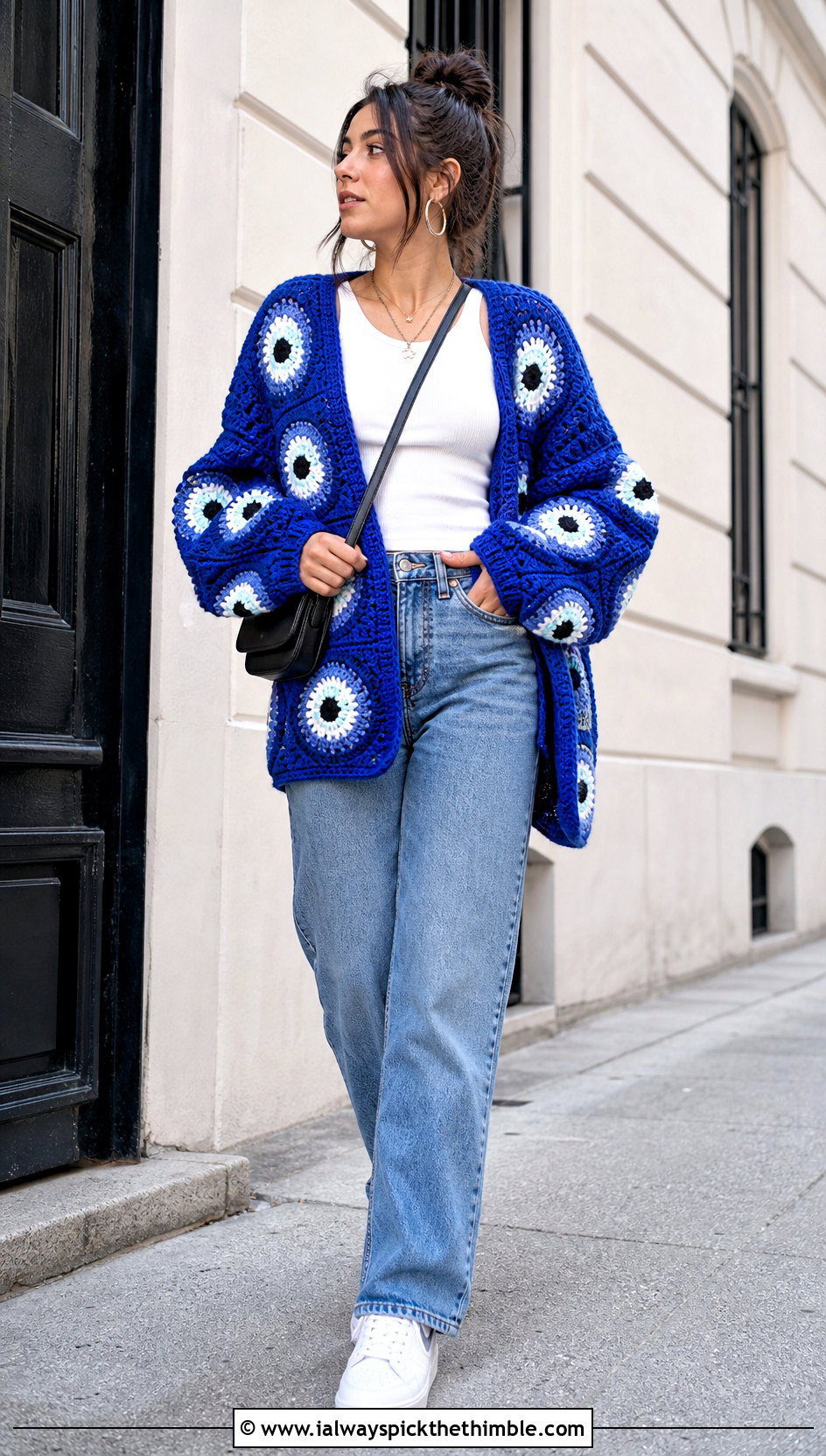 Oversized Granny Square Eyeball Cardigan With Straight Leg Jeans - 15 Crochet Eyeball Cardigan outfit ideas