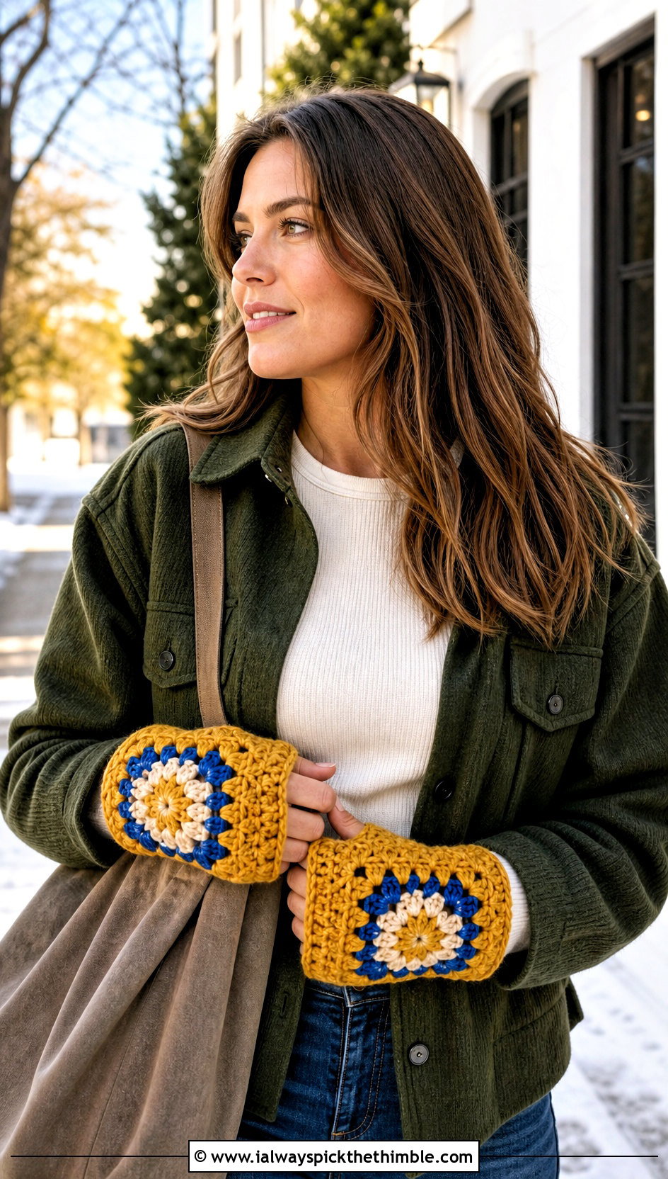 Oversized Granny Square Fingerless Gloves With Shacket - 25 granny square fingerless gloves outfit ideas