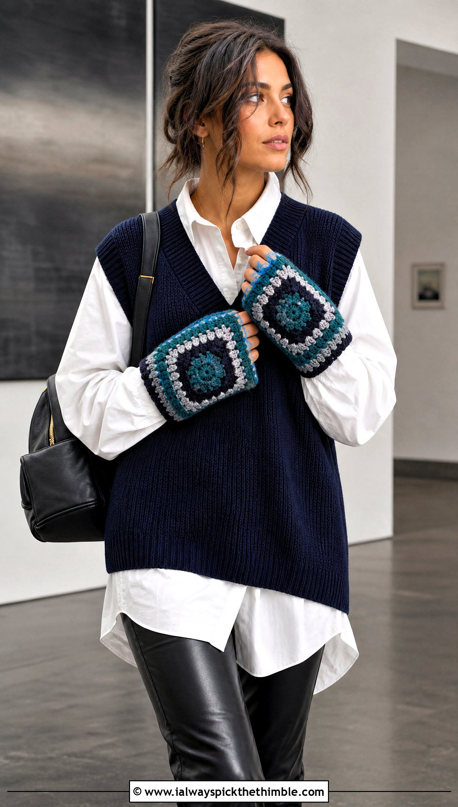 Oversized Granny Square Fingerless Gloves With Sweater Vest - 20 crochet granny square fingerless gloves outfit ideas