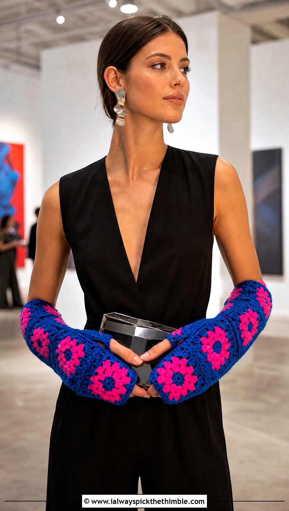 Oversized Granny Square Gauntlets With Evening Jumpsuit - 20 Fingerless Granny Square Gloves outfit ideas