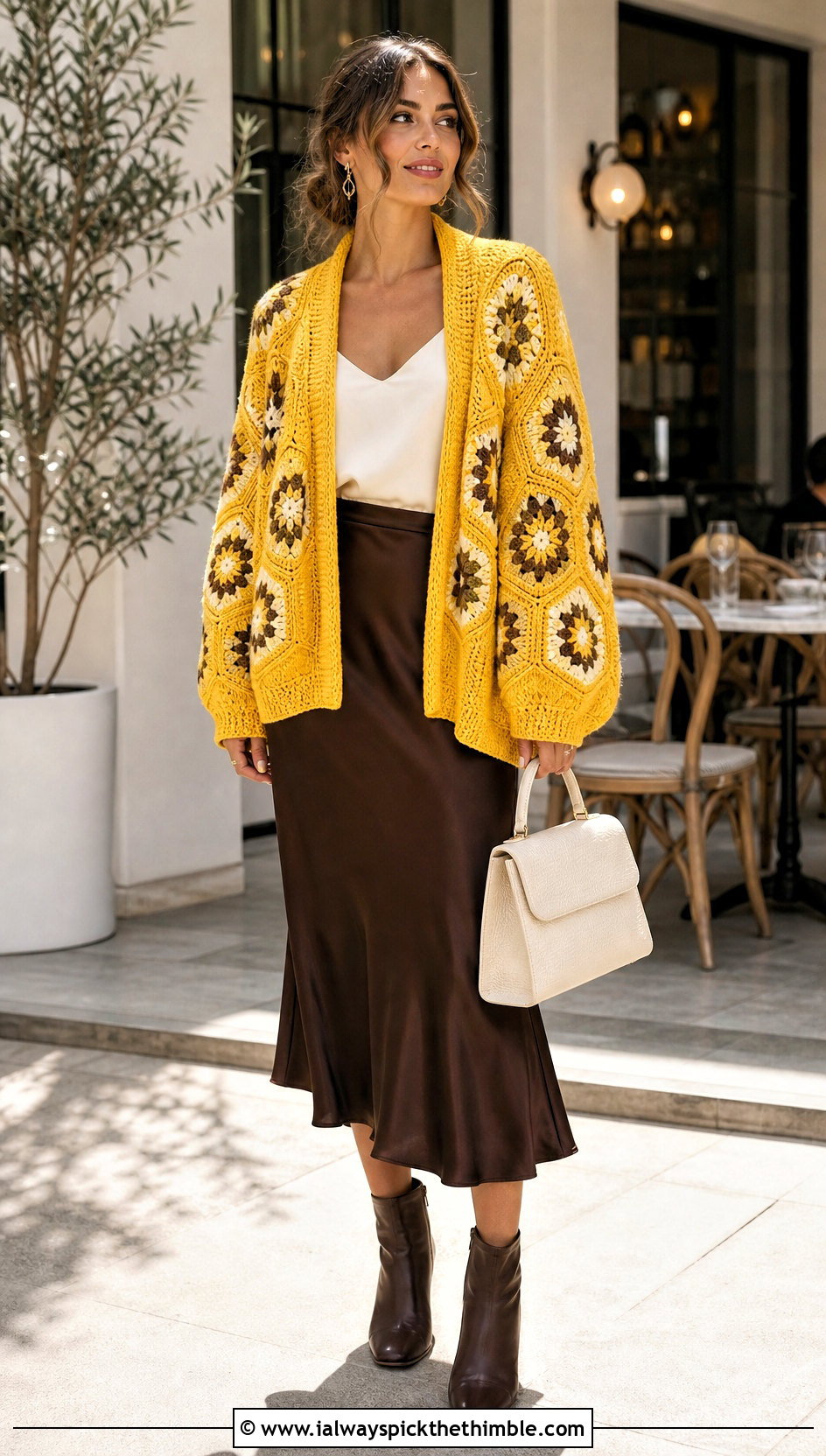 Oversized Granny Square Hexagon Cardigan With Satin Midi Skirt - 25 granny square hexagon cardigan outfit ideas