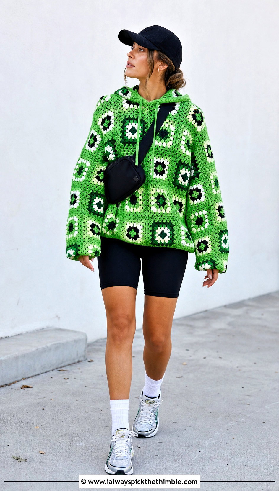 Oversized Granny Square Hoodie With Bike Shorts - 25 granny square hoodie outfit ideas