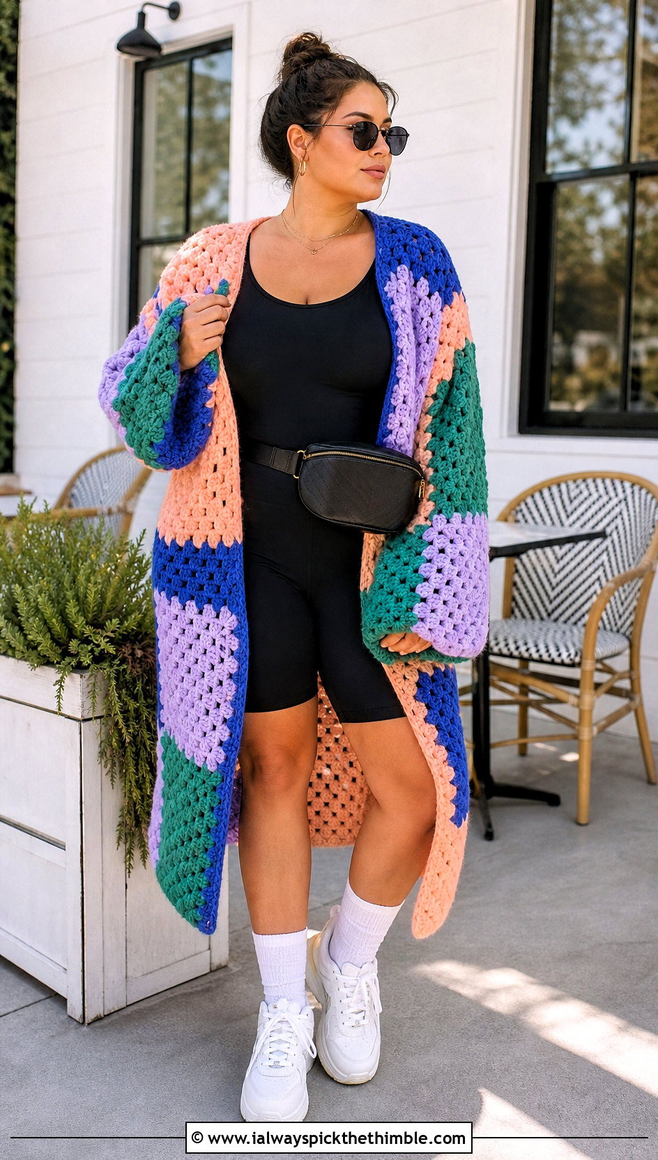 Oversized Granny Square Long Cardigan With Bike Shorts - 20 crochet granny square long cardigan outfit ideas