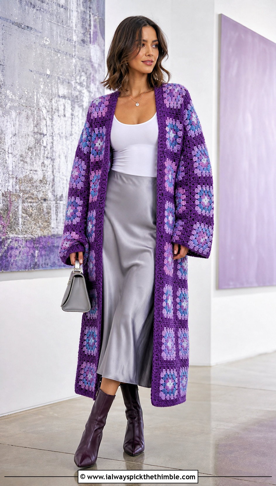 Oversized Granny Square Long Cardigan With Slip Skirt - 20 granny square long cardigan outfit ideas