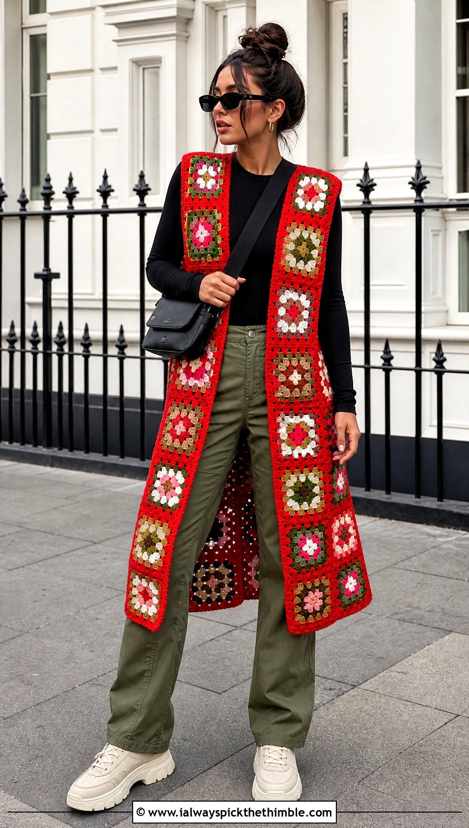 Oversized Granny Square Long Vest With Bodysuit And Cargo Pants - 20 Granny Square Long Vest outfit ideas