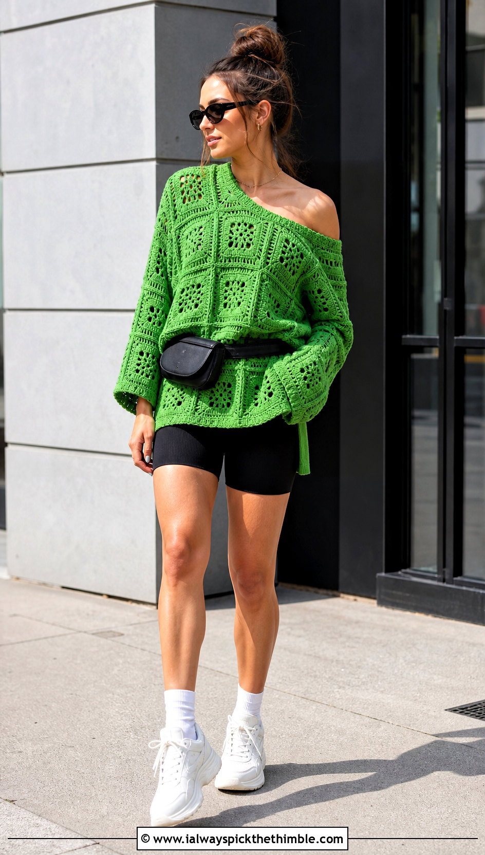 Oversized Granny Square Off The Shoulder Top With Bike Shorts - 15 Crochet Off The Shoulder Granny Square Top outfit ideas