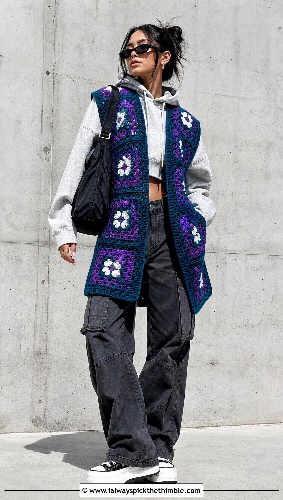 Oversized Granny Square Open Vest With Hoodie And Cargo Pants - 20 granny square open vest outfit ideas