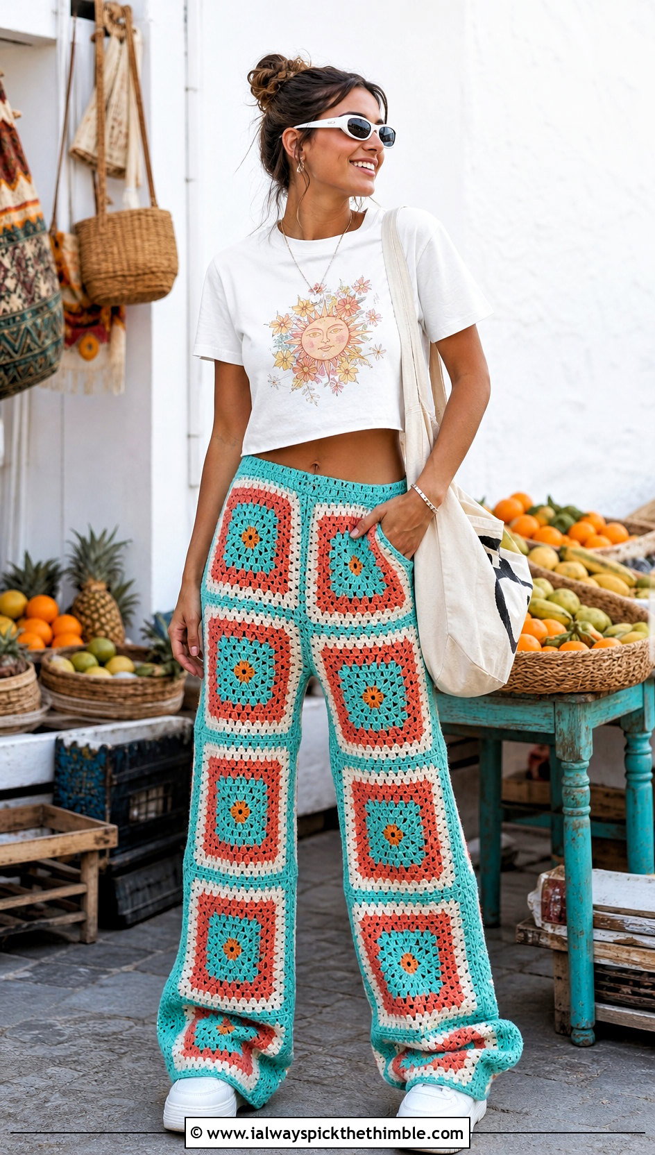 Oversized Granny Square Pants With Graphic T Shirt And Platform Sneakers - 20 Granny Square Crochet Pants outfit ideas
