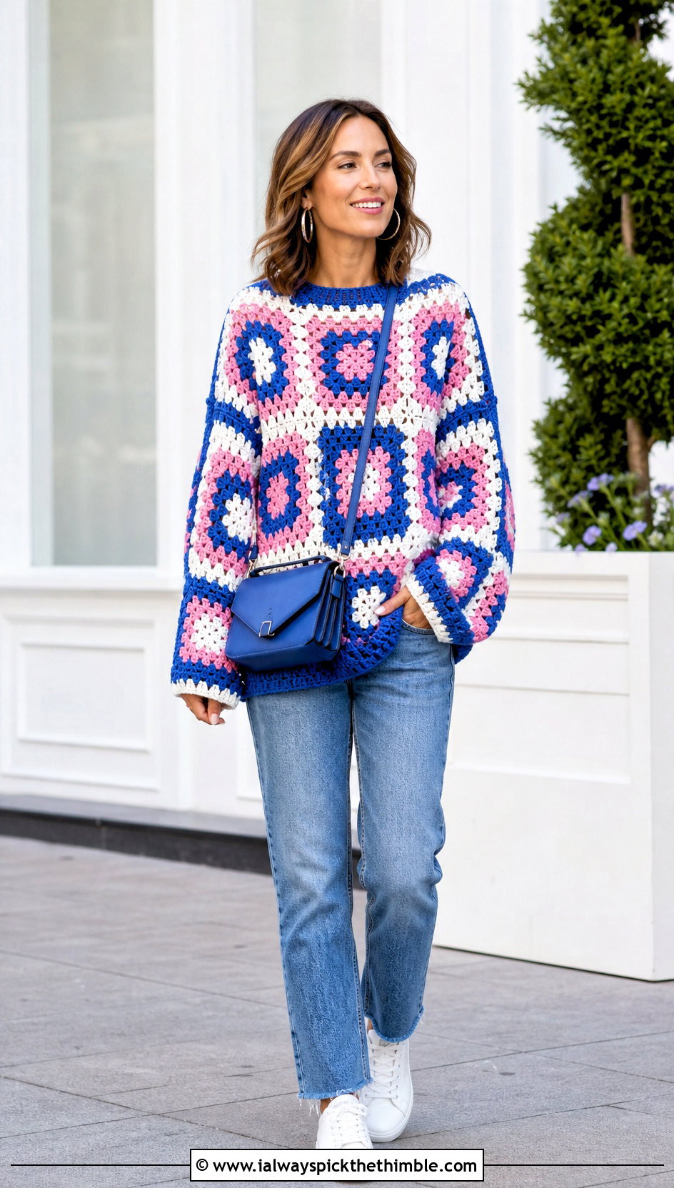 Oversized Granny Square Patchwork Sweater With Straight Leg Jeans - 20 crochet patchwork sweater outfit ideas