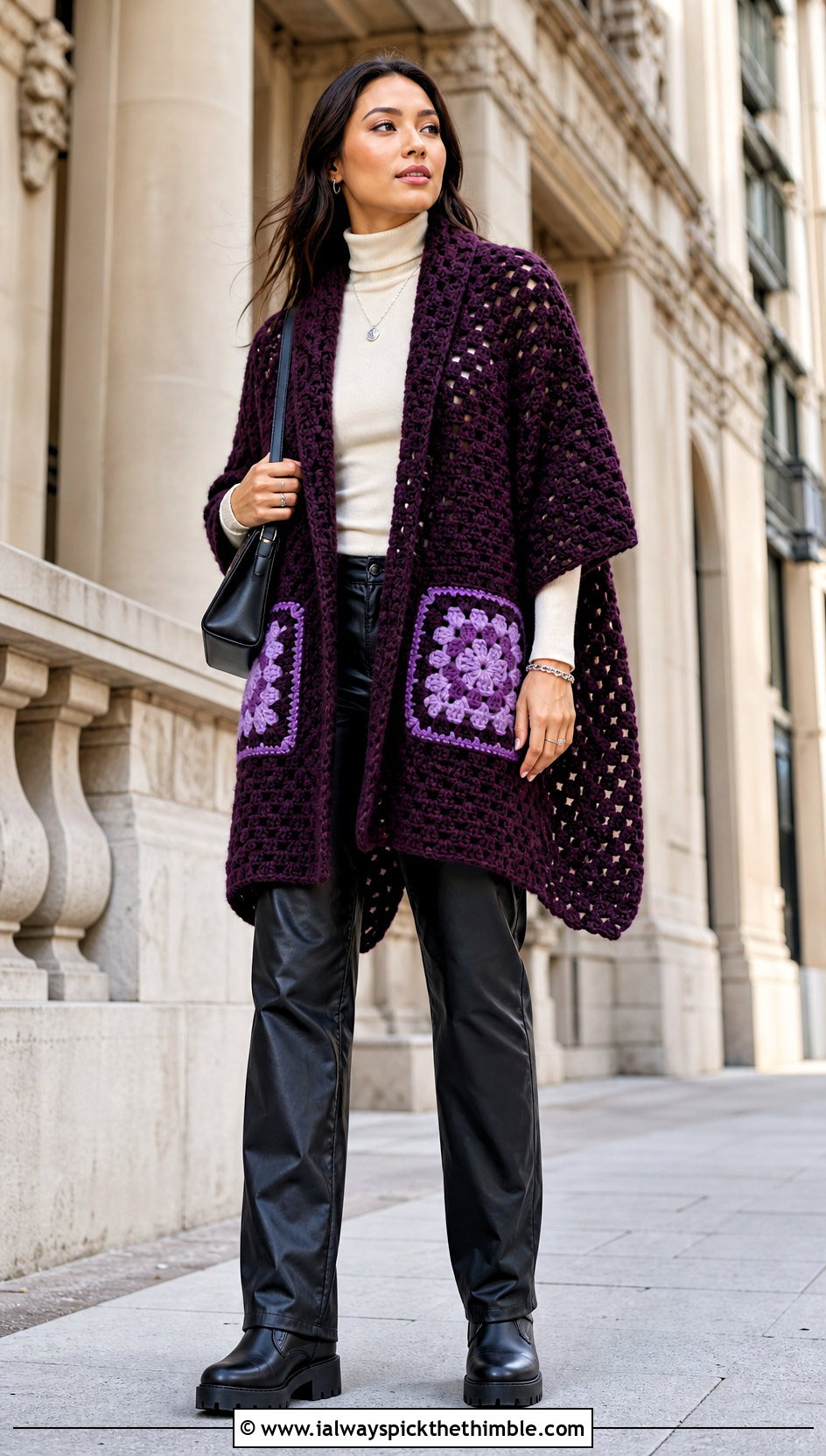 Oversized Granny Square Pocket Shawl With Leather Pants - 20 Granny Square Pocket Shawl outfit ideas