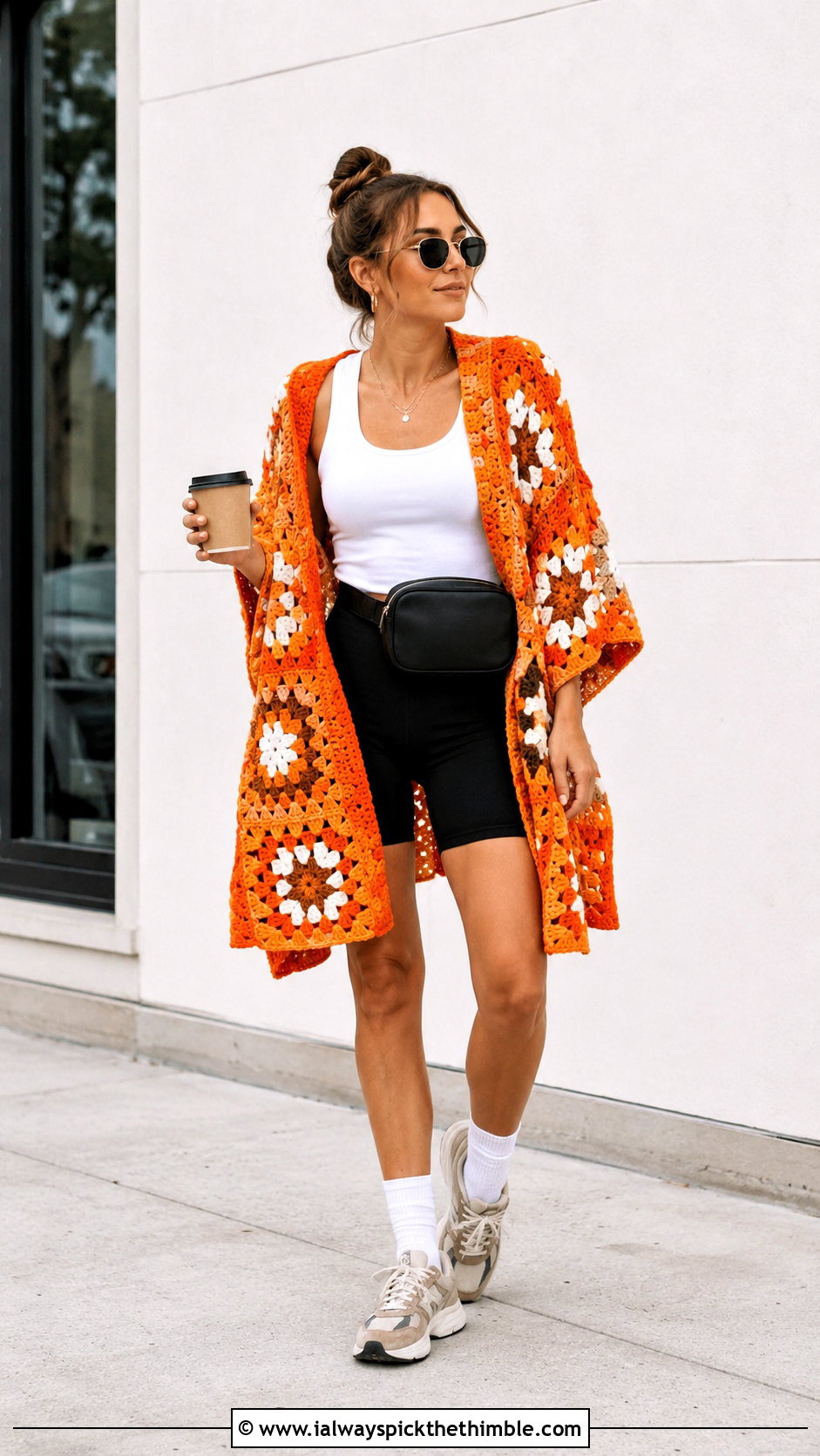 Oversized Granny Square Poncho With Bike Shorts - 25 granny square poncho outfit ideas