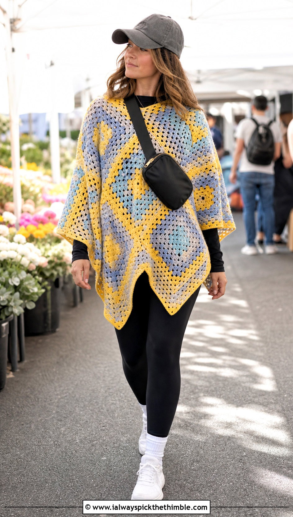 Oversized Granny Square Poncho With Leggings And Sneakers - 20 Granny Squares Poncho outfit ideas