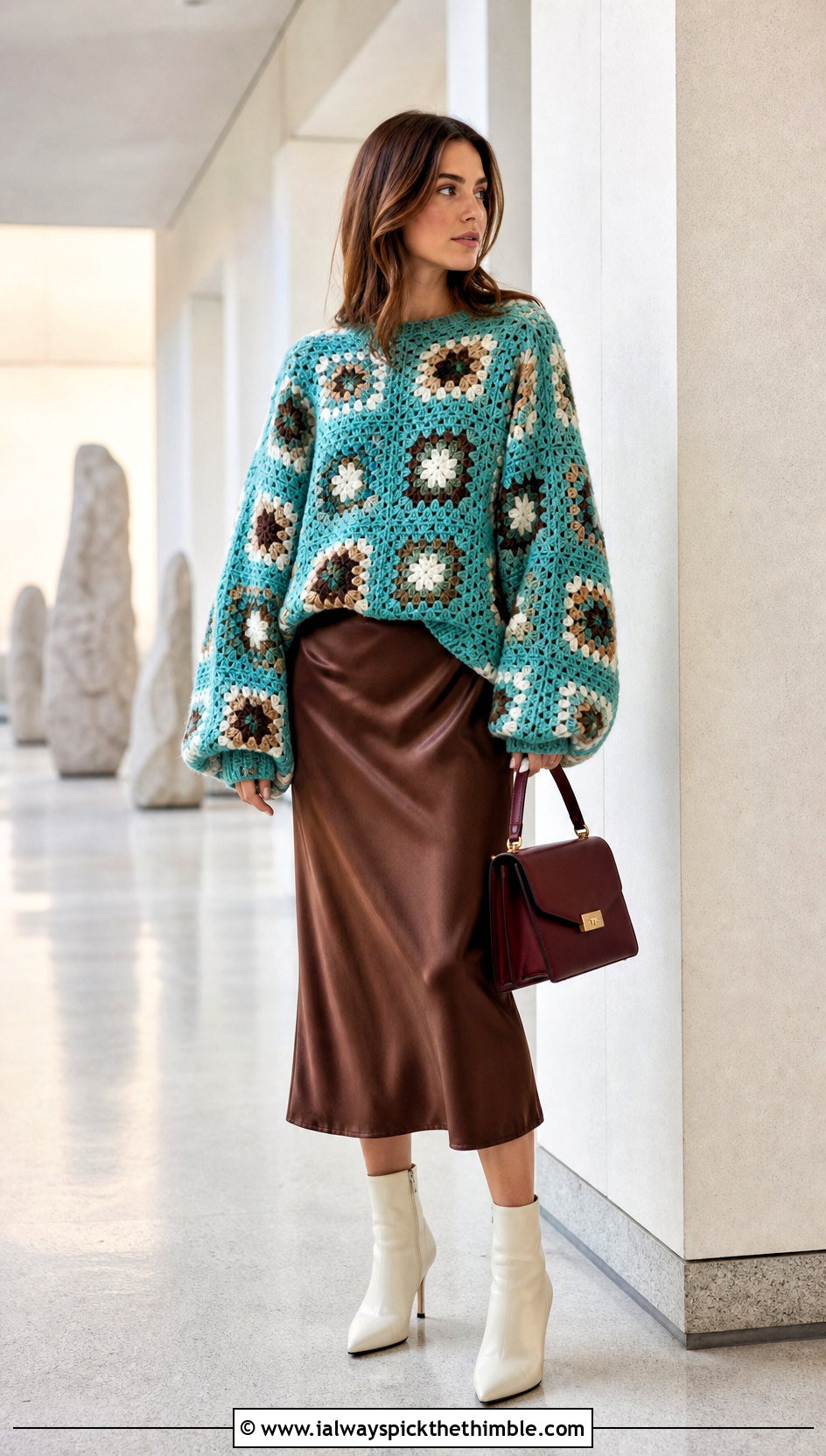 Oversized Granny Square Pullover Sweater With Satin Midi Skirt - 25 Granny Square Pullover Sweater outfit ideas