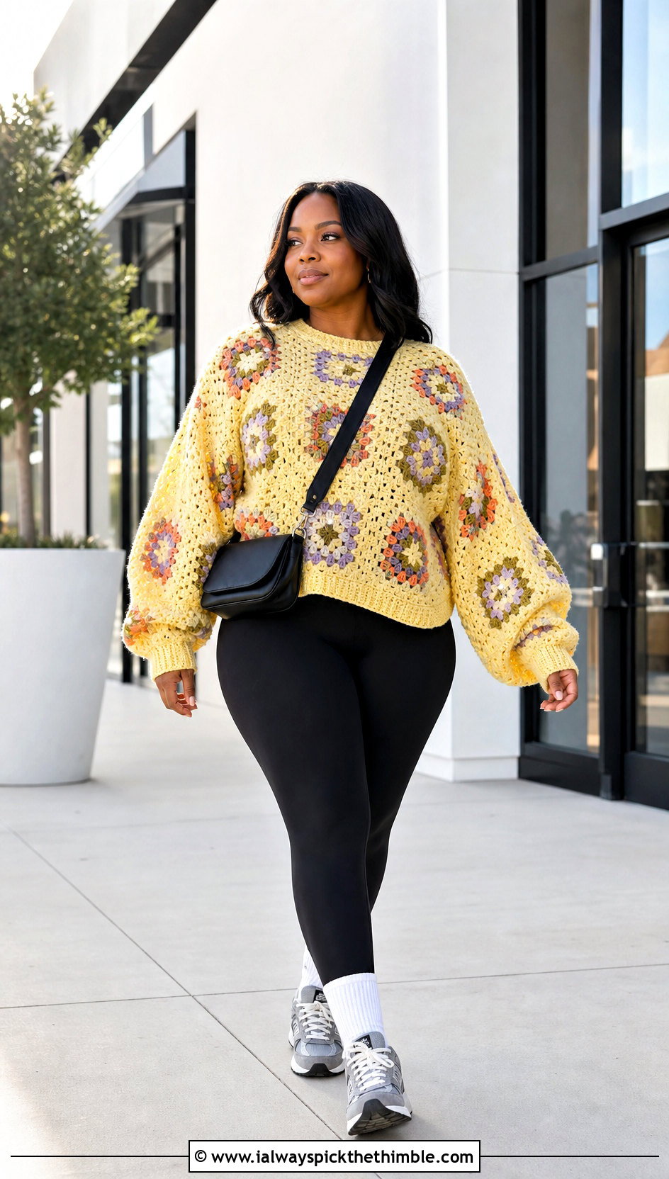 Oversized Granny Square Pullover With Black Leggings - 25 granny square pullover outfit ideas