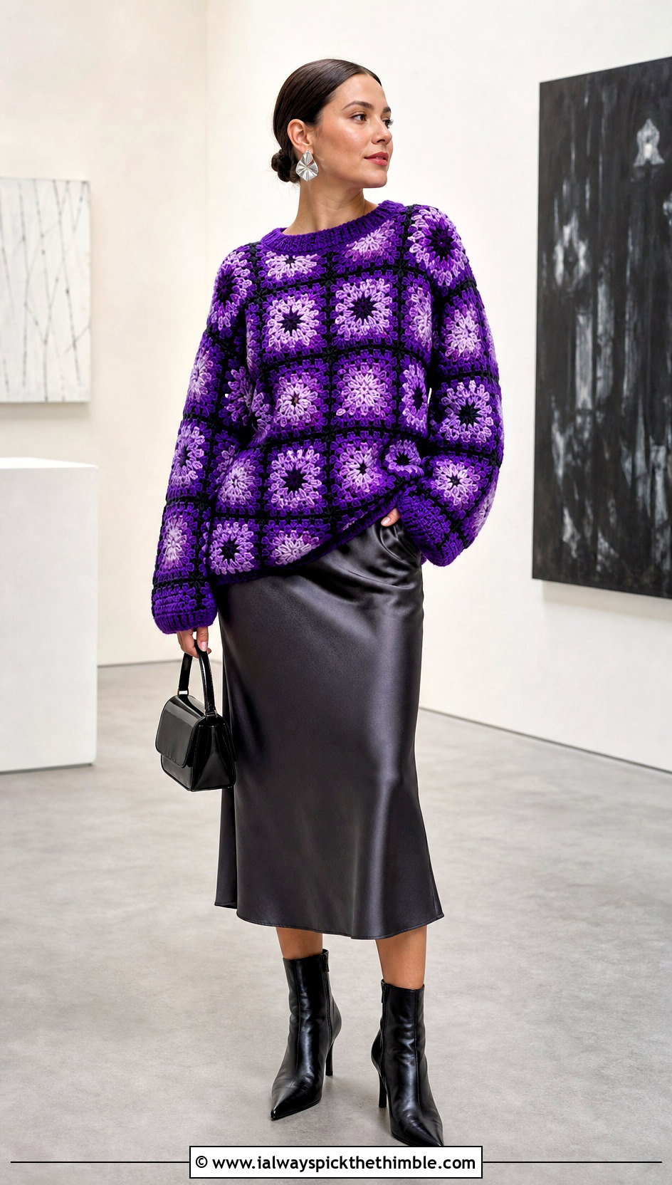 Oversized Granny Square Pullover With Satin Midi Skirt - 25 crochet granny stitch sweater outfit ideas
