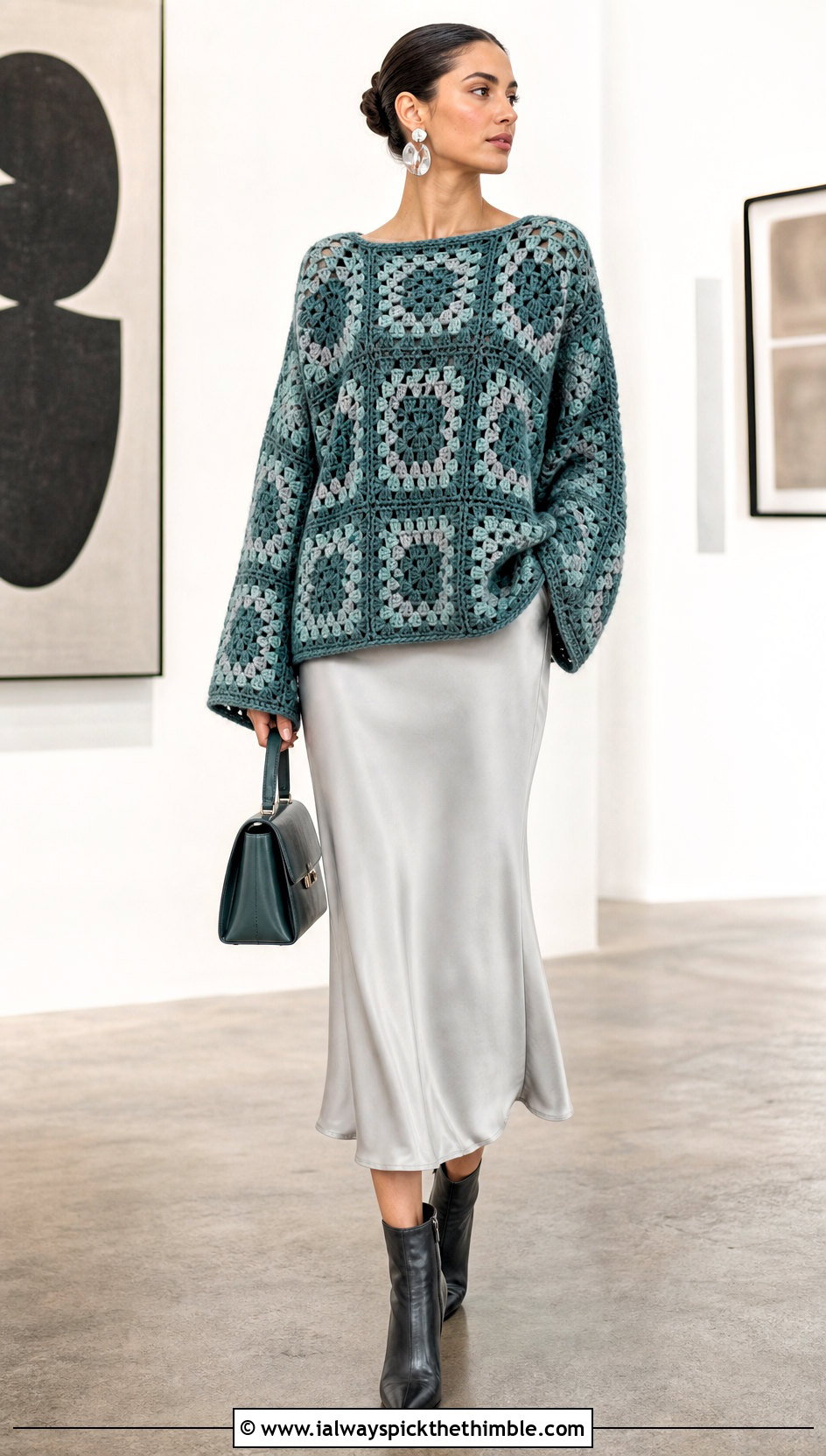 Oversized Granny Square Pullover With Satin Midi Skirt - 25 crochet granny square pullover outfit ideas