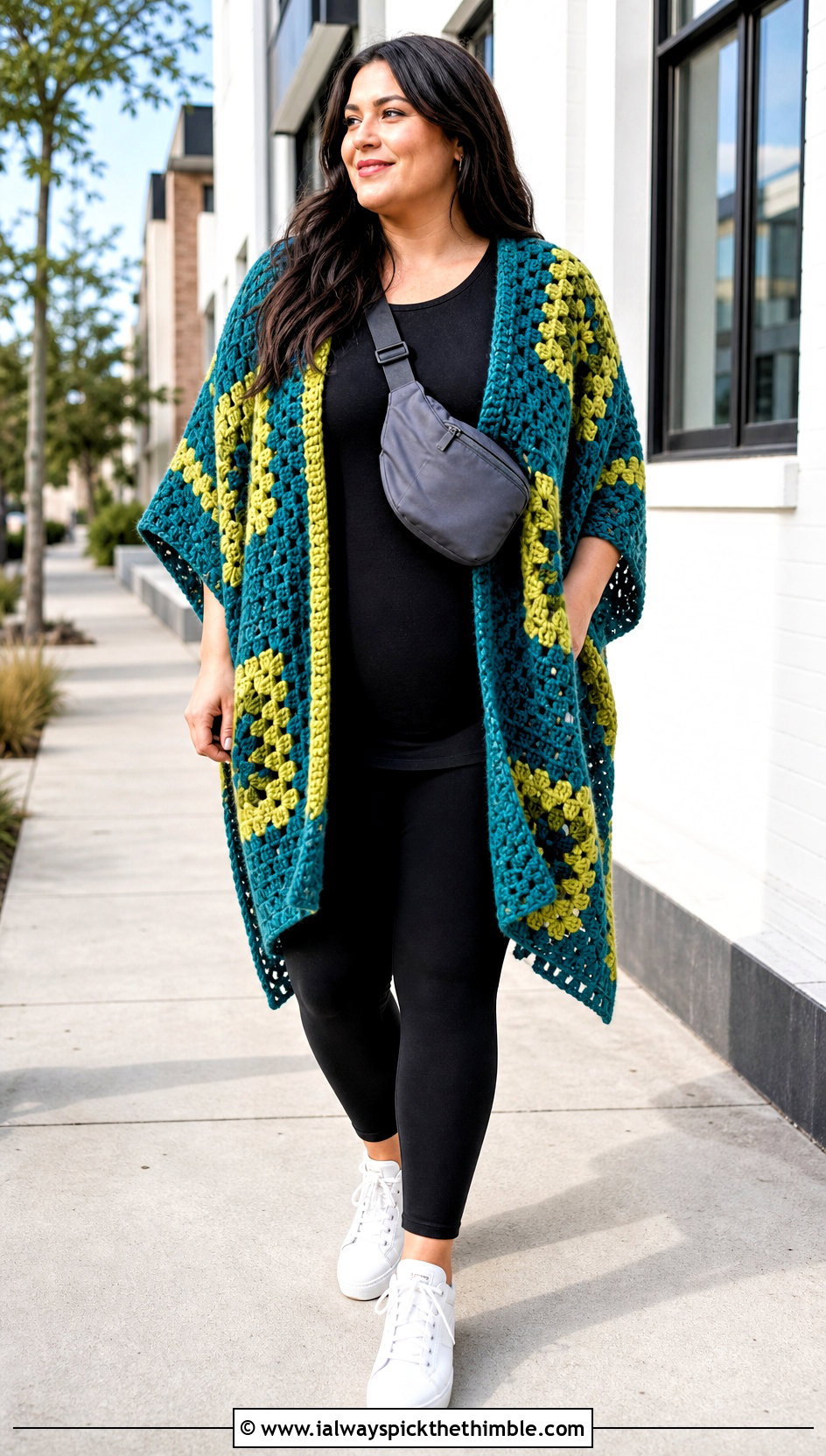 Oversized Granny Square Ruana With Leggings - 20 Granny Square Ruana outfit ideas
