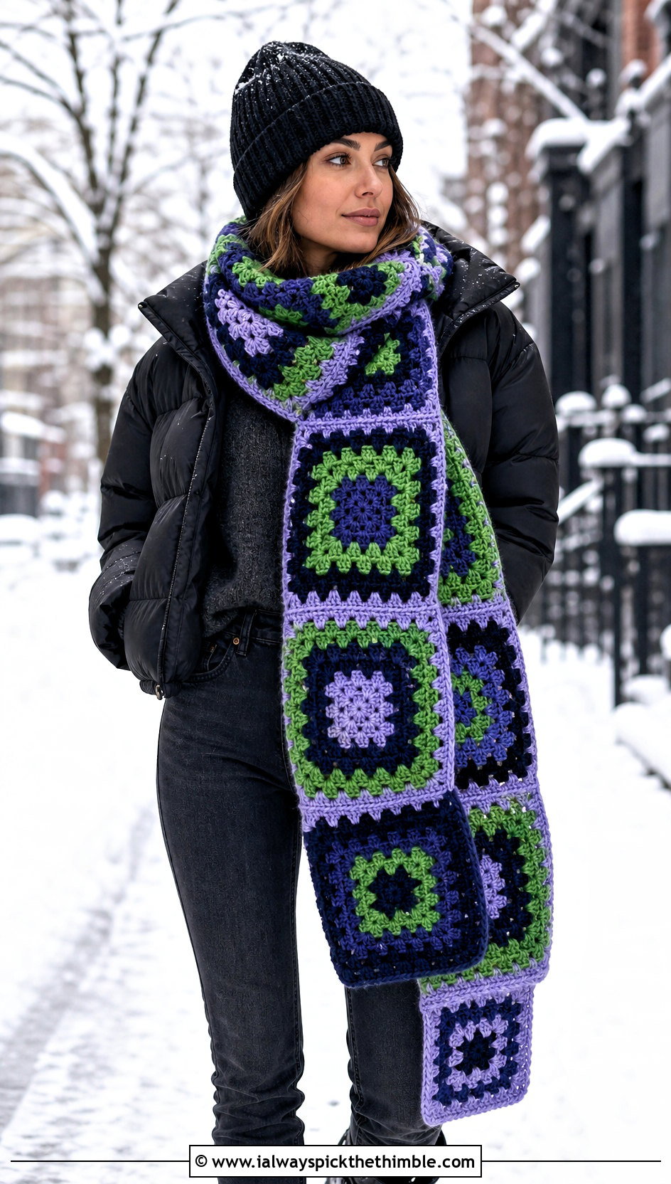 Oversized Granny Square Scarf With Puffer Jacket And Boots - 25 granny square scarf outfit ideas