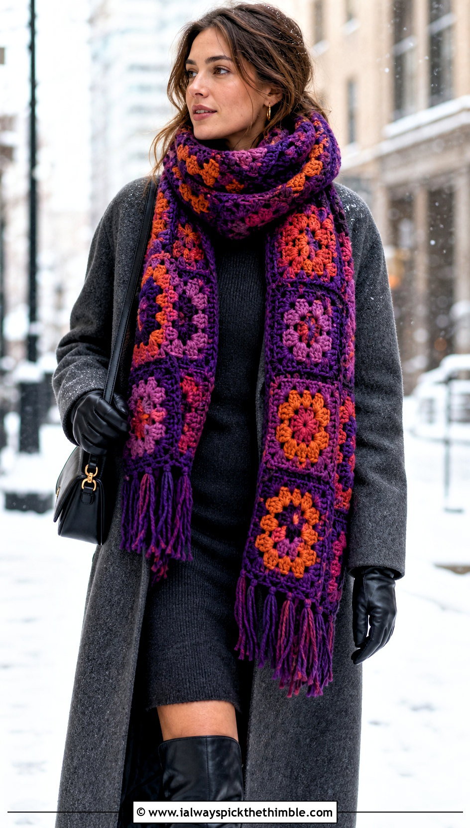 Oversized Granny Square Scarf With Sweater Dress And Tall Boots - 20 crochet scarf squares outfit ideas