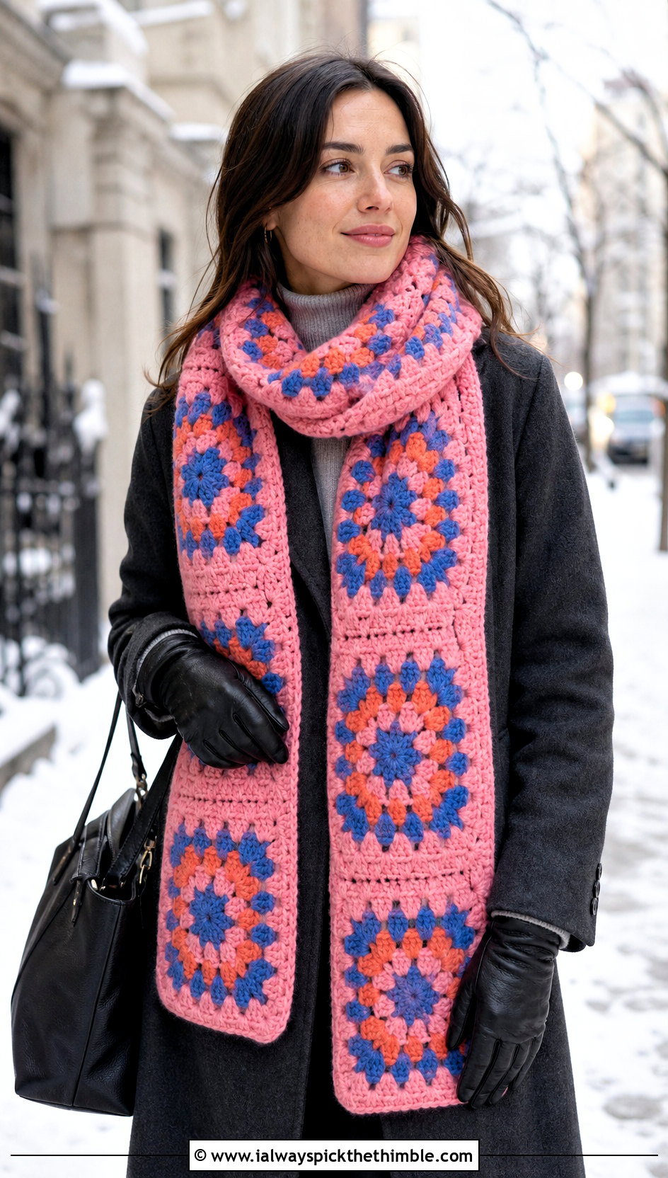 Oversized Granny Square Scarf With Wool Coat And Boots - 25 granny crochet scarf outfit ideas
