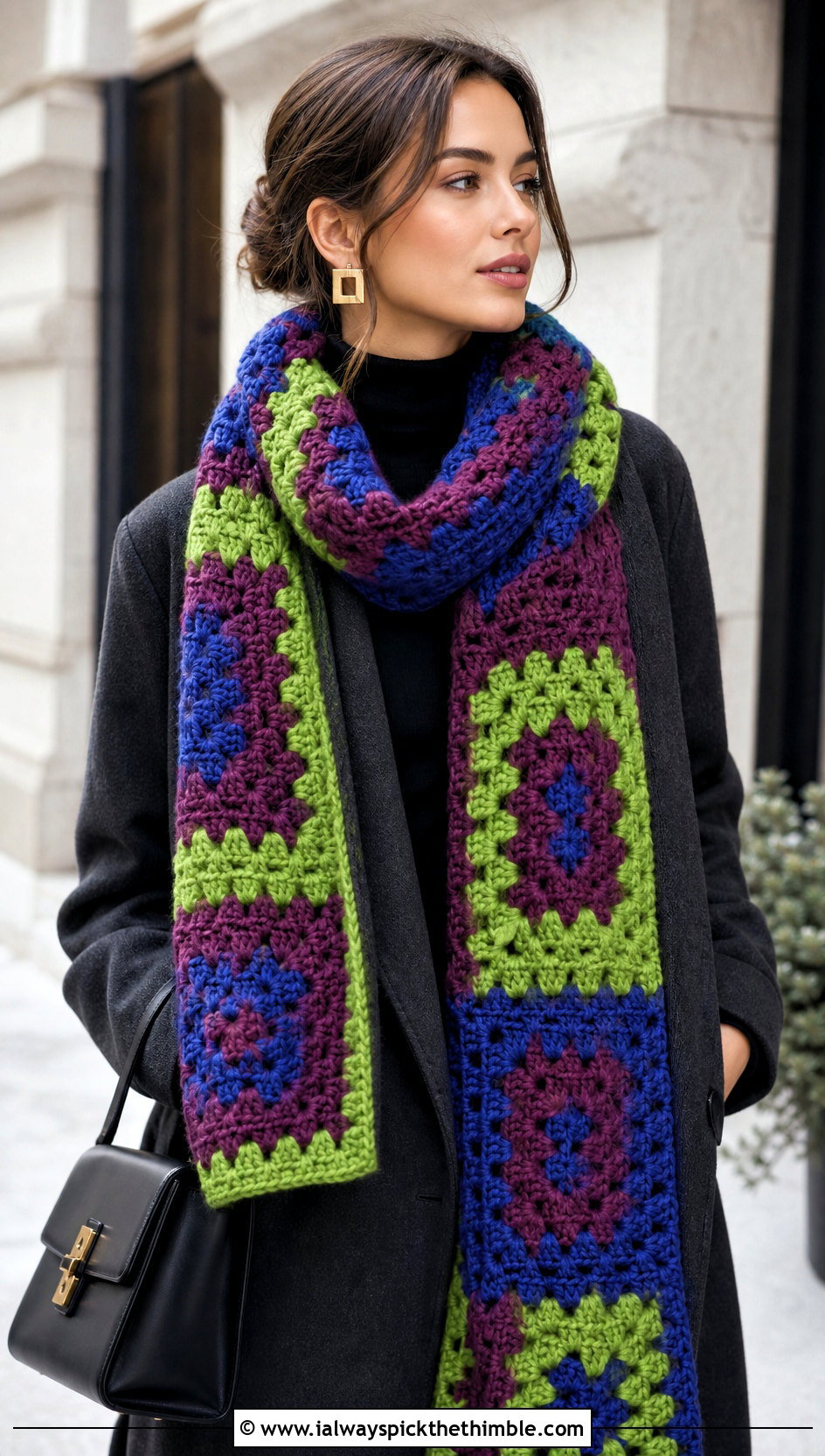 Oversized Granny Square Scarf With Wool Coat And Tailored Trousers - 20 crochet granny square scarf outfit ideas
