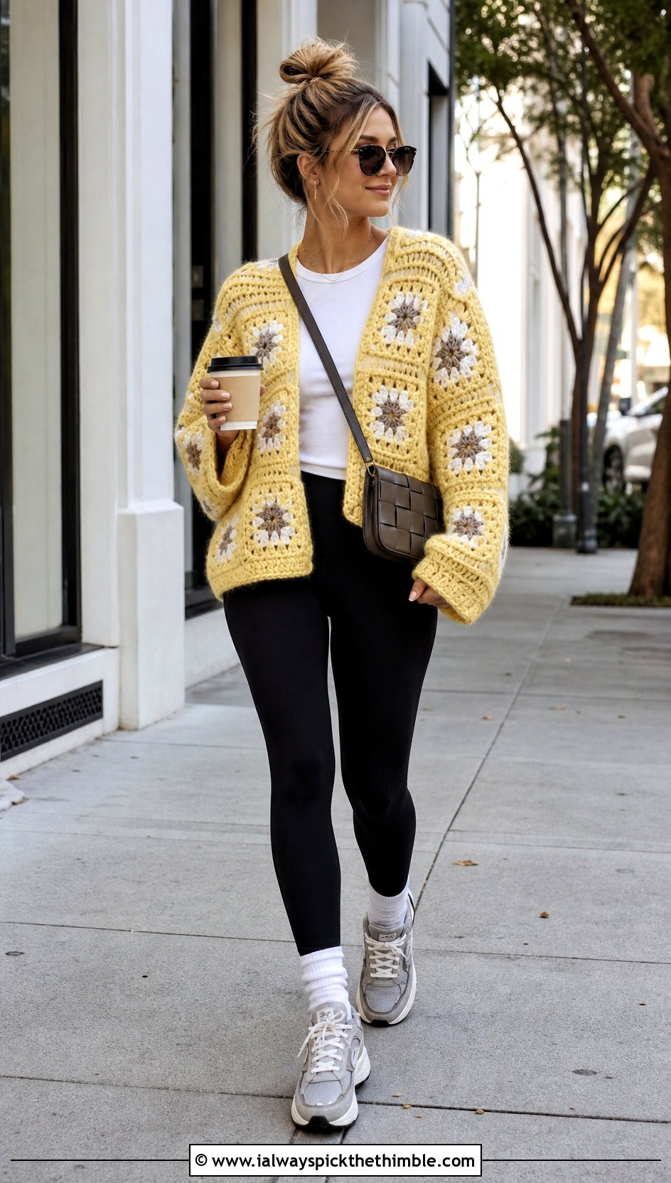 Oversized Granny Square Sweater With Black Leggings - 20 easy granny square sweater outfit ideas