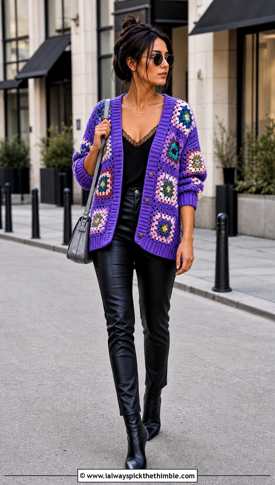 Oversized Granny Square Sweater With Leather Pants - 25 Granny Square Outfit ideas