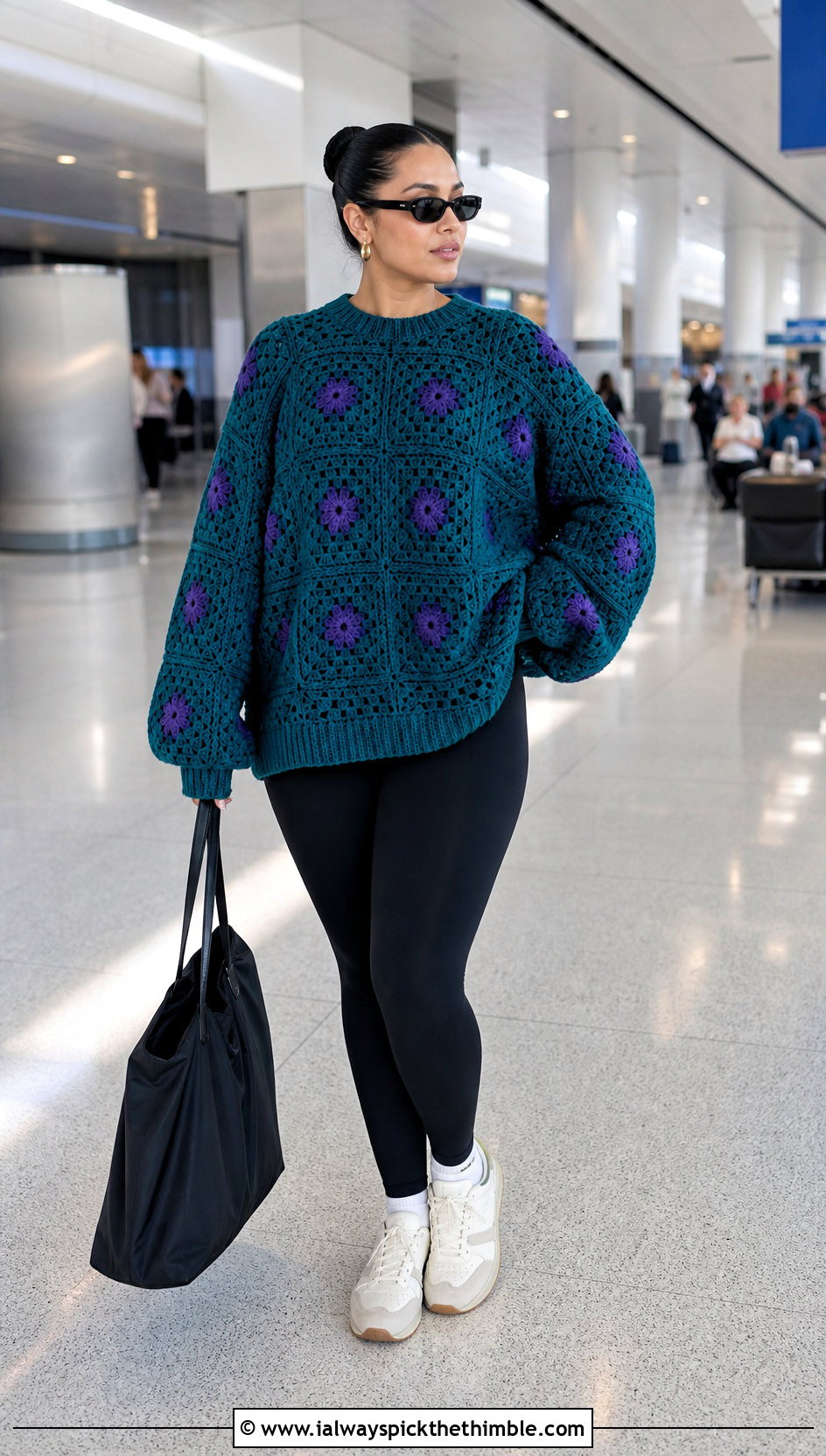 Oversized Granny Square Sweater With Leggings And Sneakers - 25 granny square sweater outfit ideas