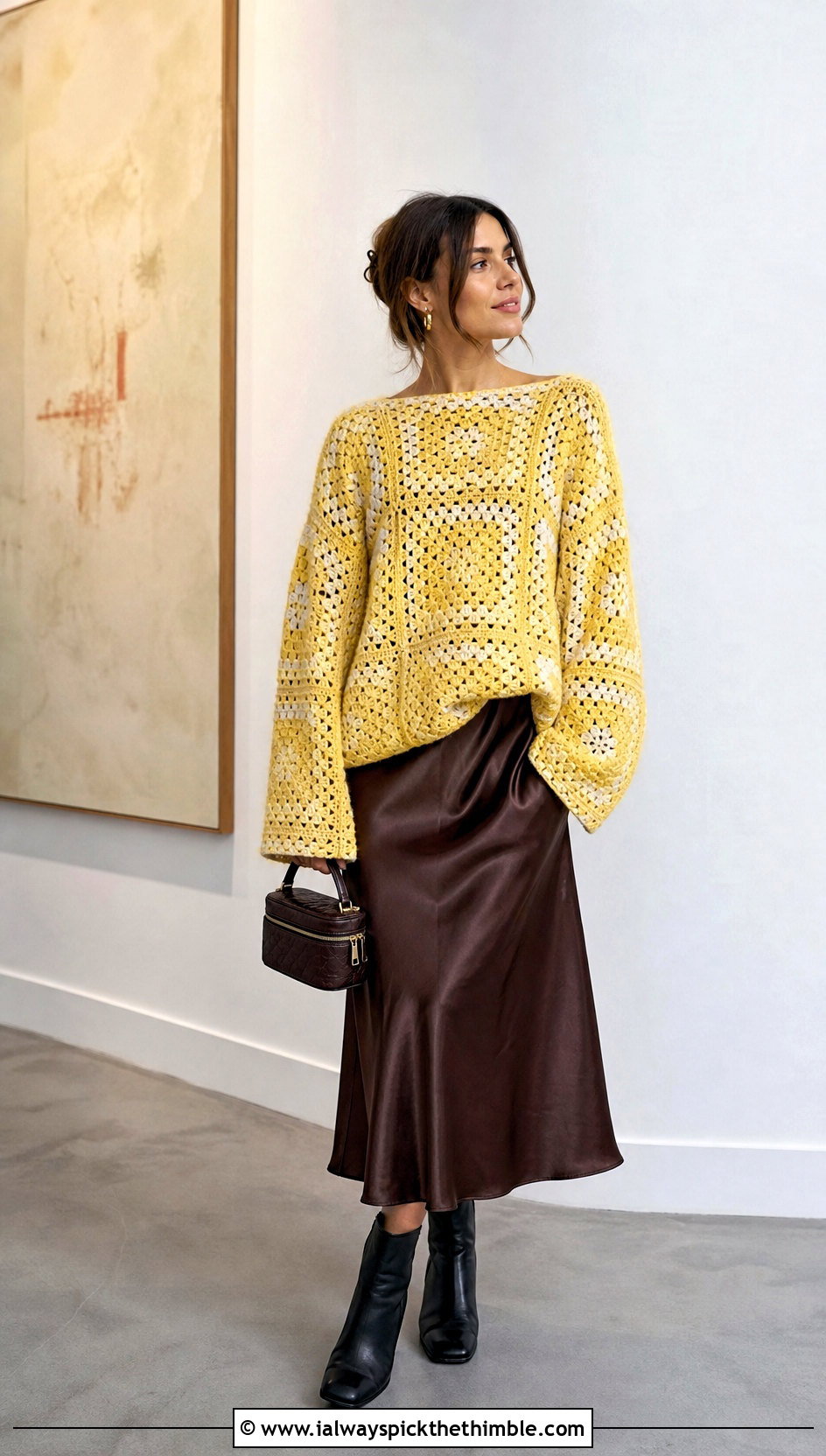 Oversized Granny Square Sweater With Satin Midi Skirt - 20 crochet sweater with granny squares outfit ideas