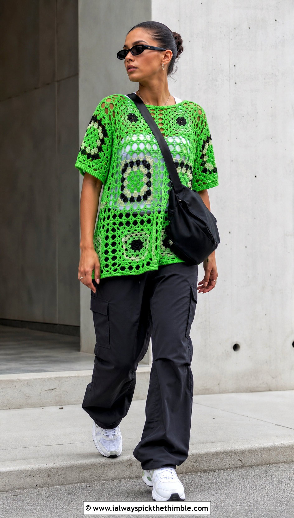 Oversized Granny Square T Shirt With Cargo Pants - 20 crochet summer tops granny squares outfit ideas