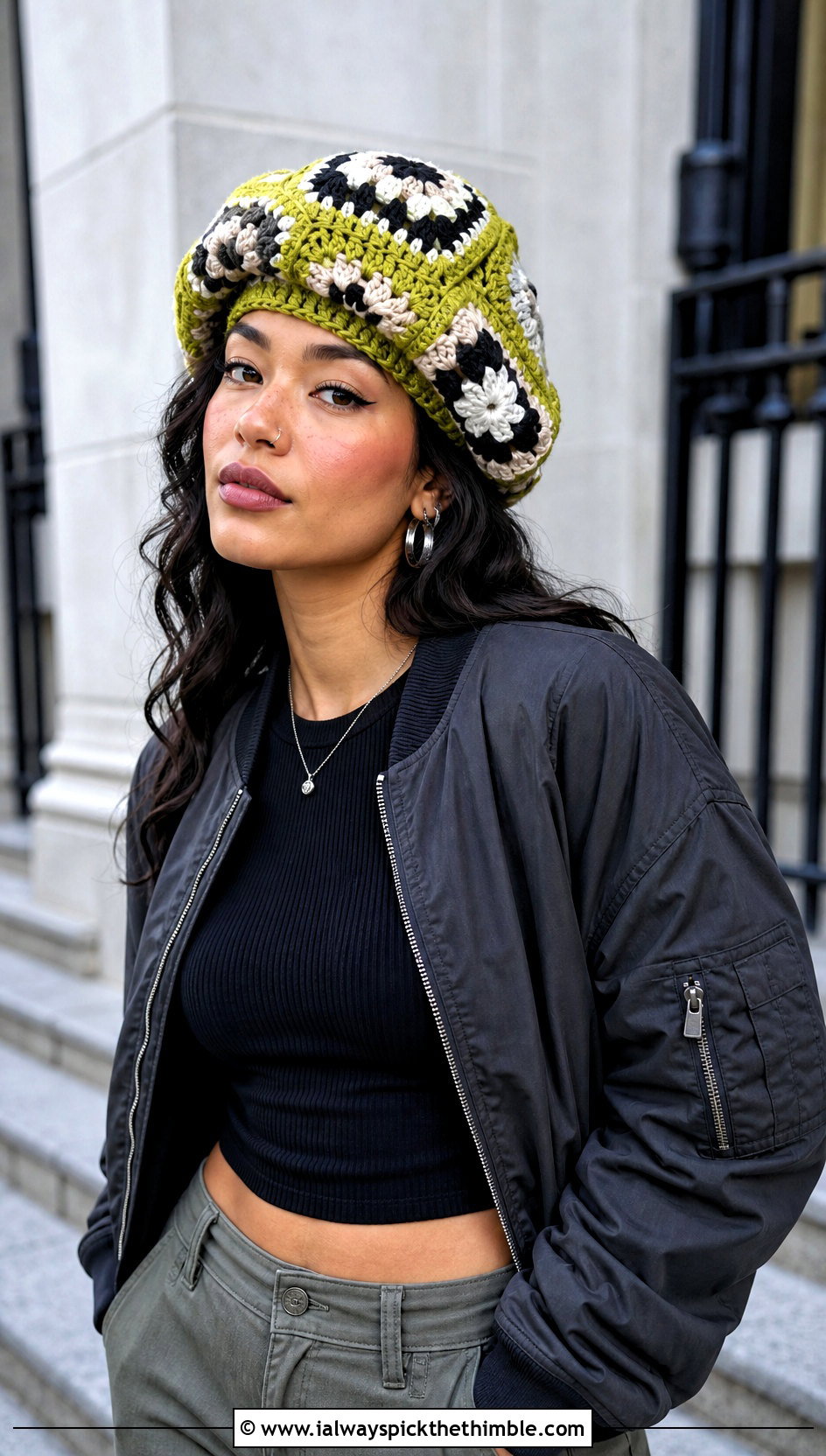 Oversized Granny Square Tam Beret With Cargo Pants - 20 Granny Square Beret outfit ideas