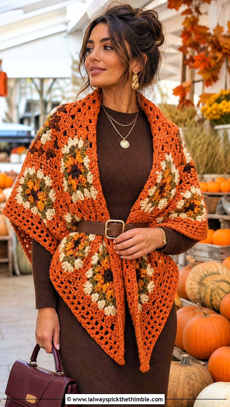 Oversized Granny Square Triangle Shawl With Sweater Dress And Boots - 20 granny square triangle shawl outfit ideas