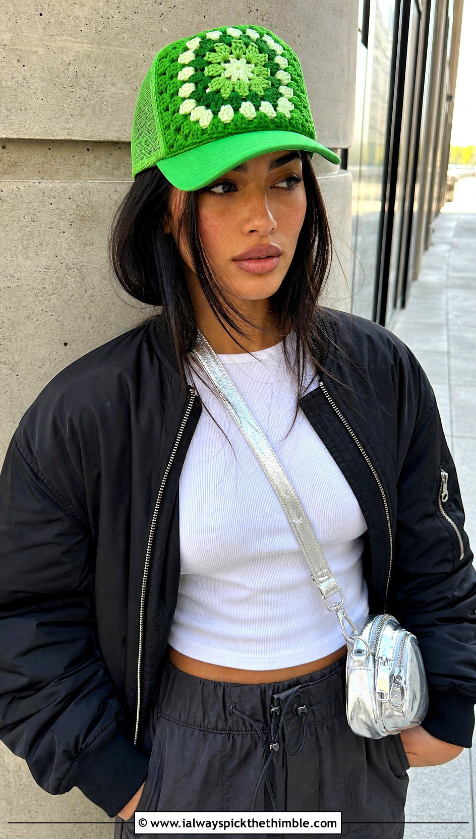 Oversized Granny Square Trucker Hat With Bomber Jacket And Parachute Pants - 25 granny square trucker hat outfit ideas