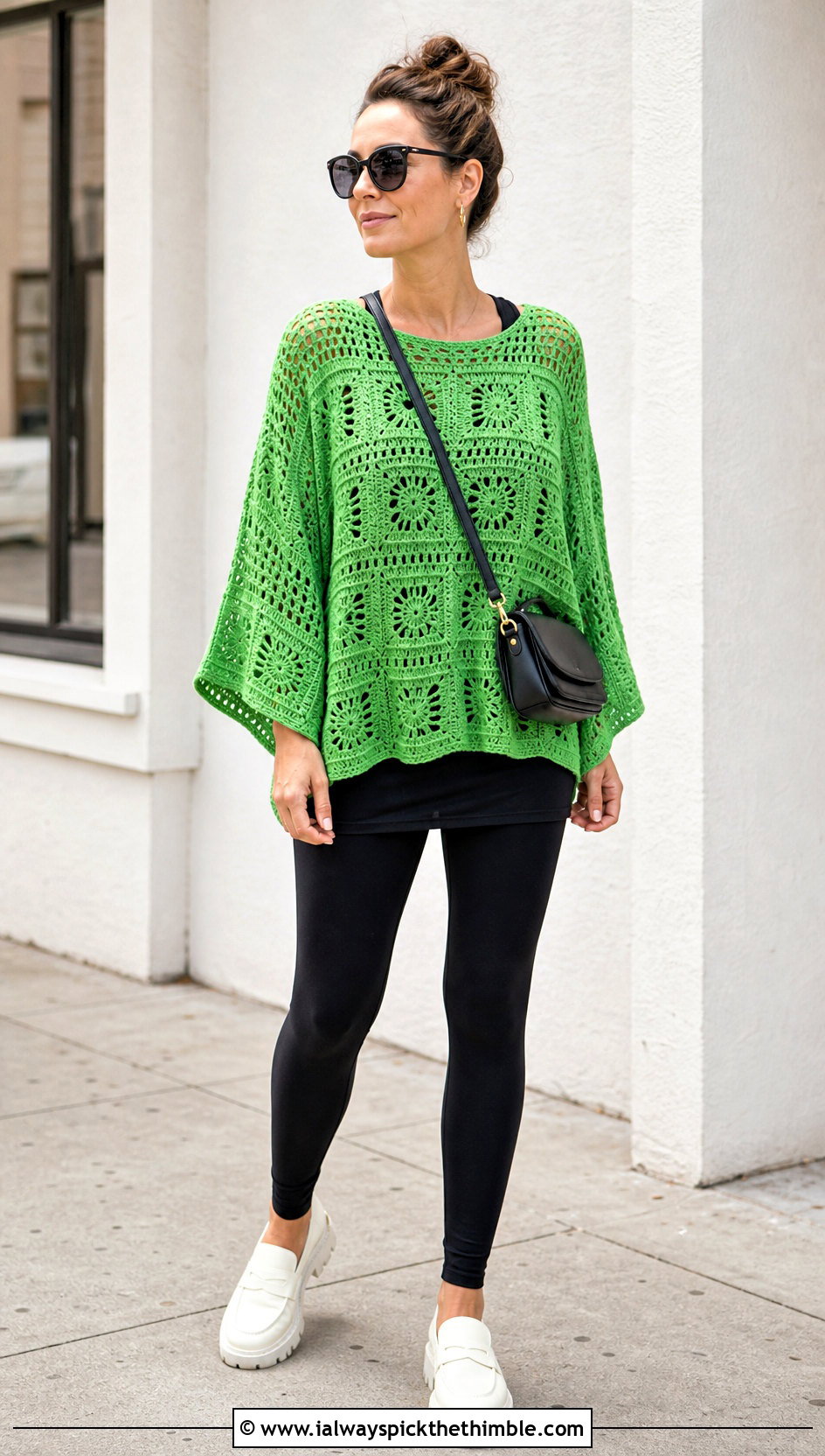 Oversized Granny Square Tunic Top With Leggings - 20 Crochet Granny Square Tops For Women outfit ideas